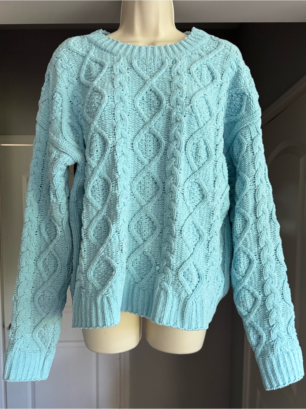 POL Womens M Blue Chunky Cable Knit Sweater Chunky Textured Crewneck Cozy